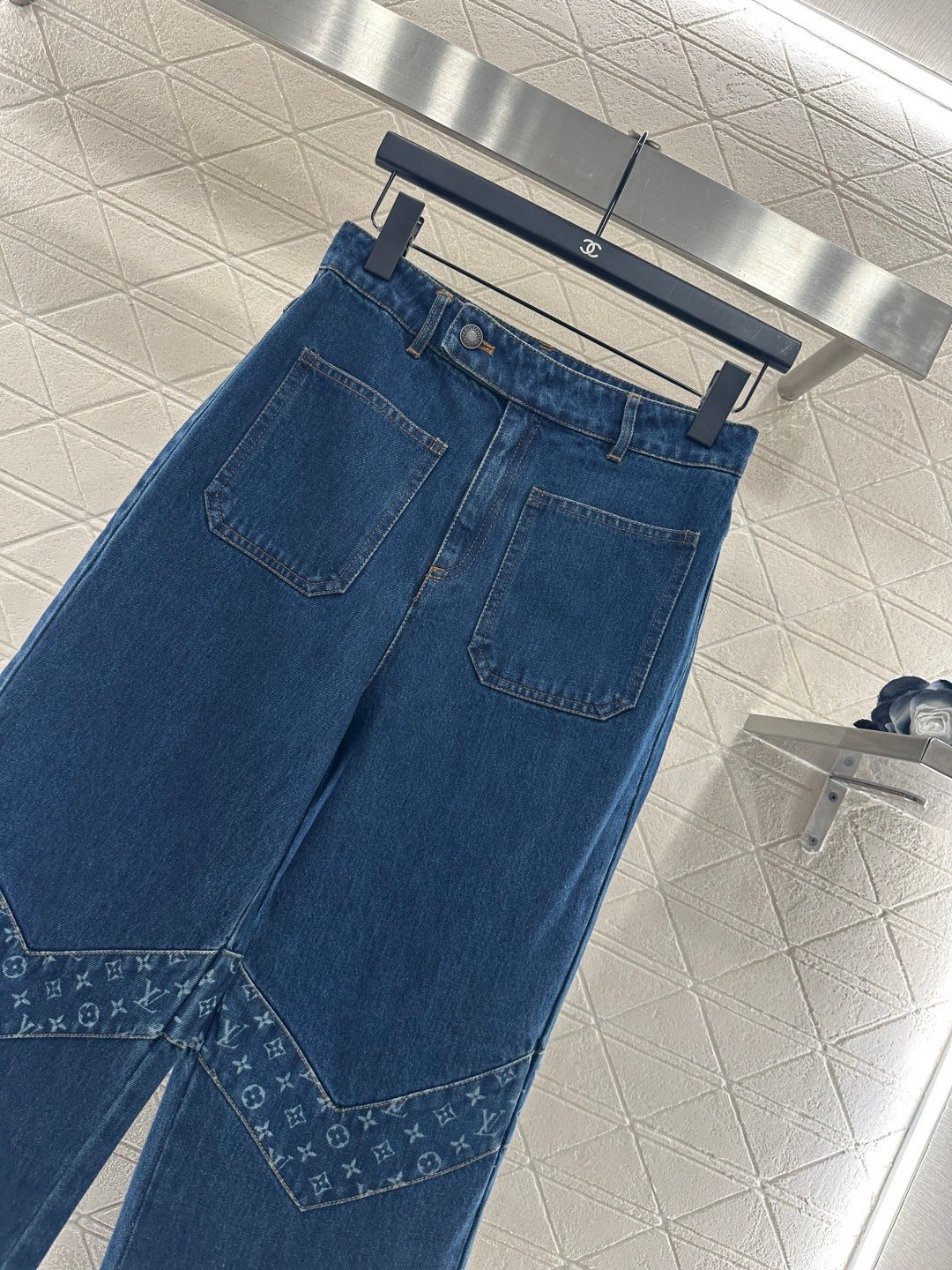 Laser splicing denim straight leg pants