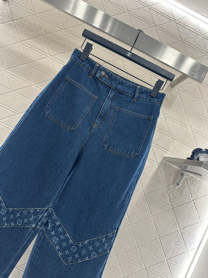 Laser splicing denim straight leg pants