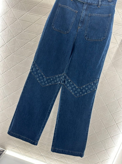 Laser splicing denim straight leg pants