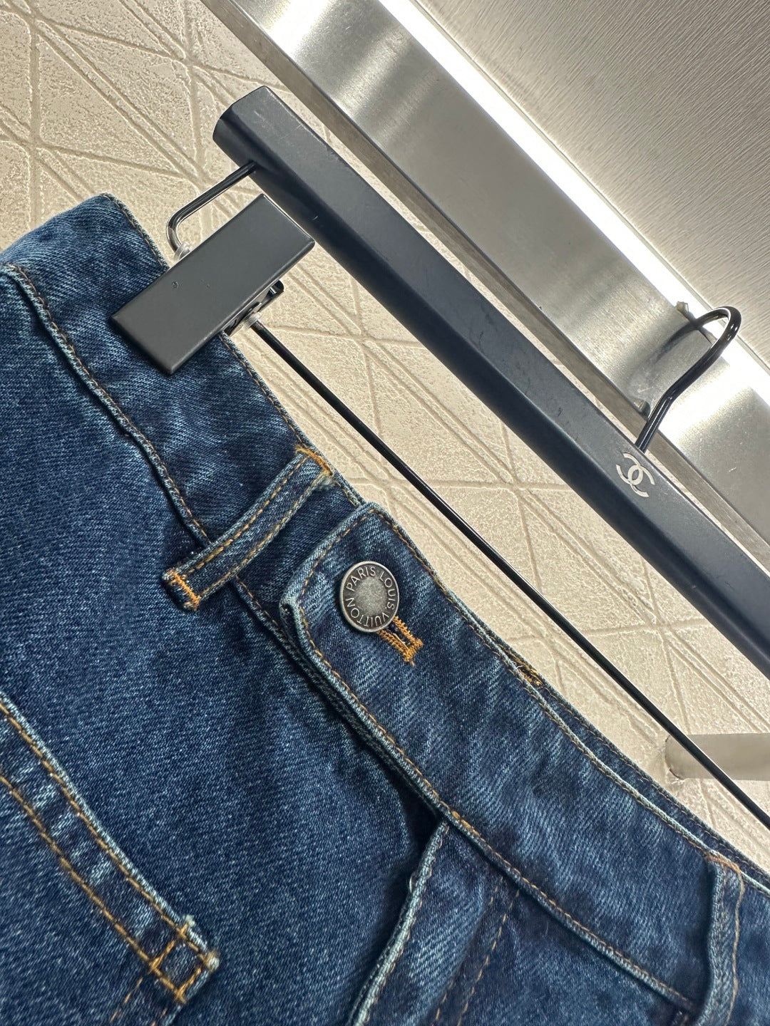 Laser splicing denim straight leg pants