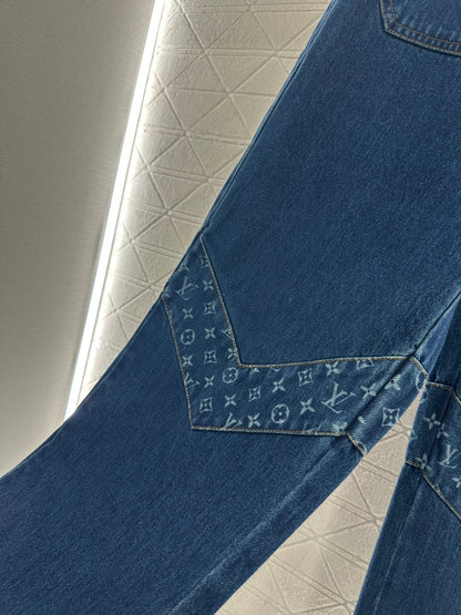 Laser splicing denim straight leg pants