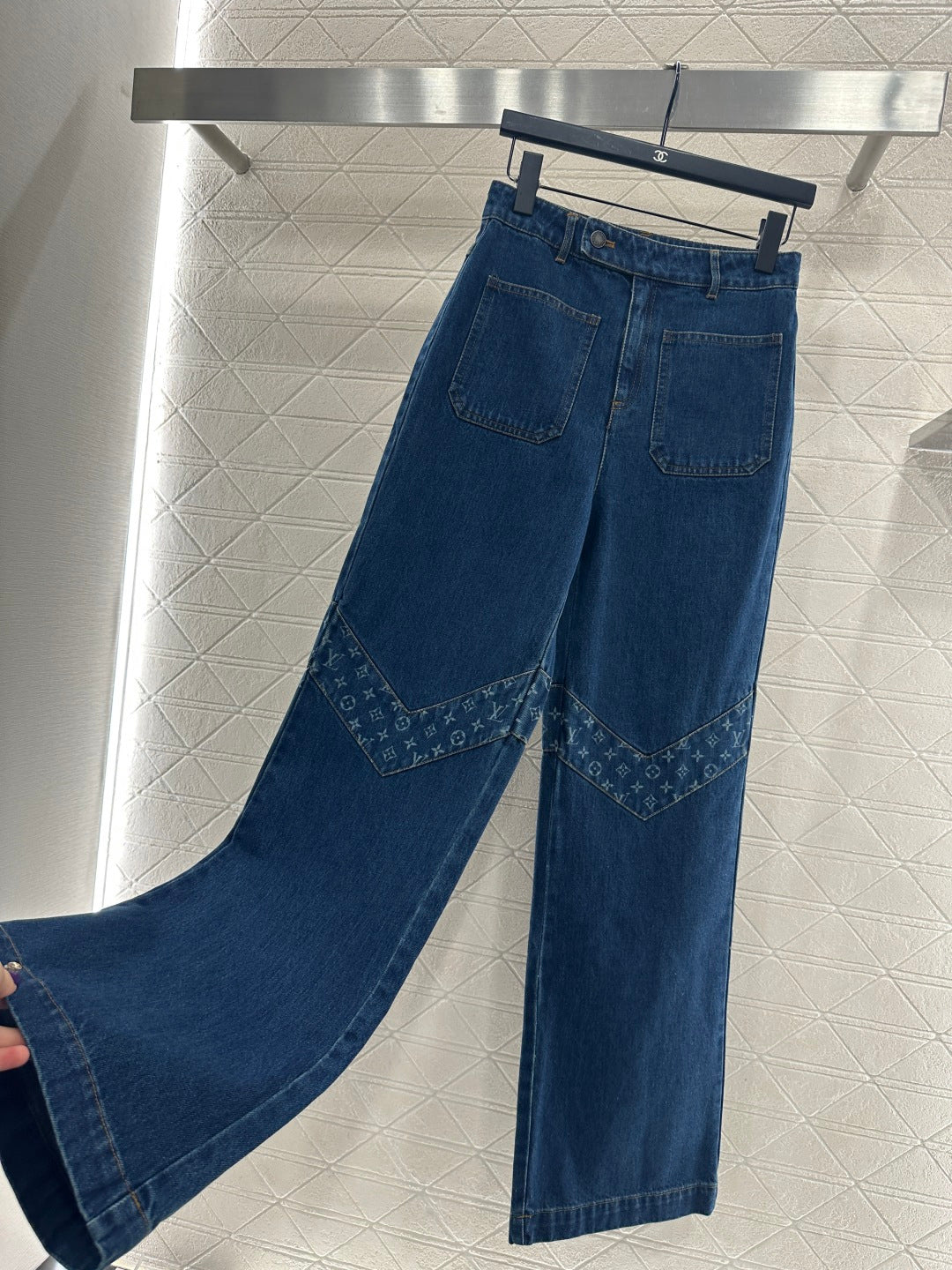 Laser splicing denim straight leg pants