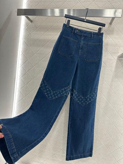 Laser splicing denim straight leg pants