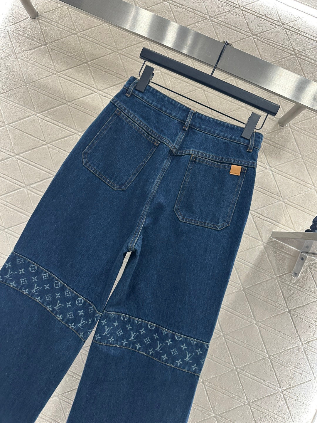 Laser splicing denim straight leg pants