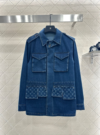 Laser denim mid length jacket