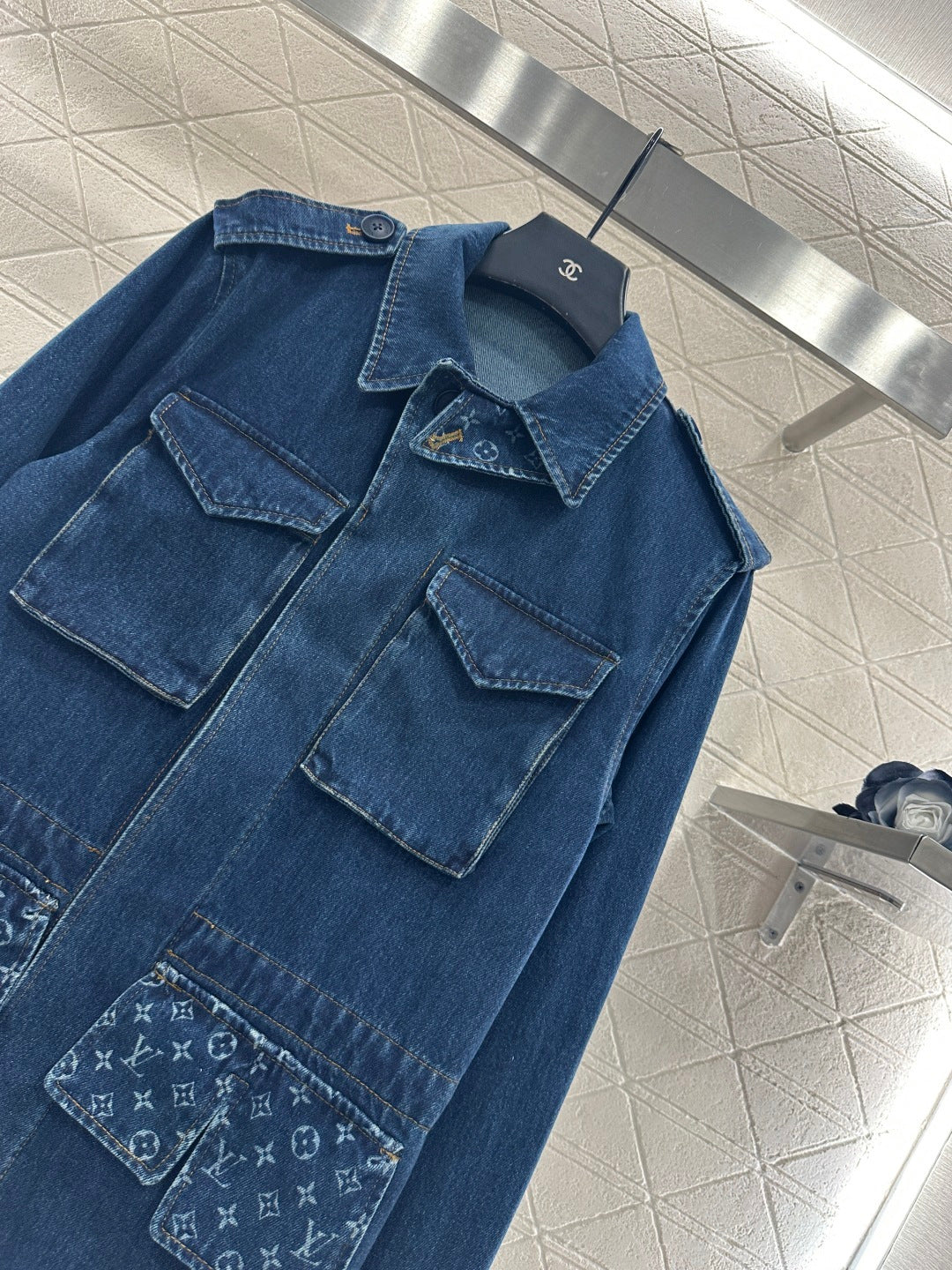Laser denim mid length jacket