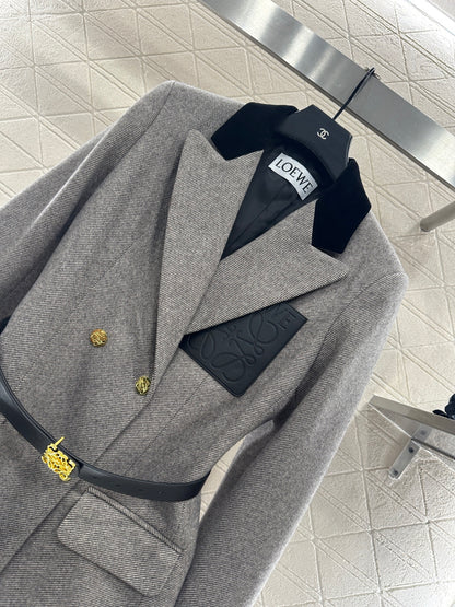 Splicing velvet collar belt suit jacket