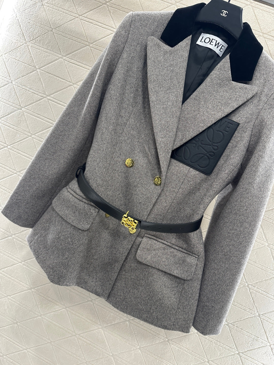 Splicing velvet collar belt suit jacket