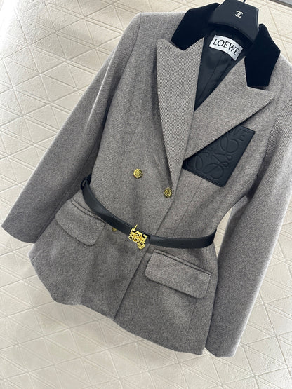 Splicing velvet collar belt suit jacket
