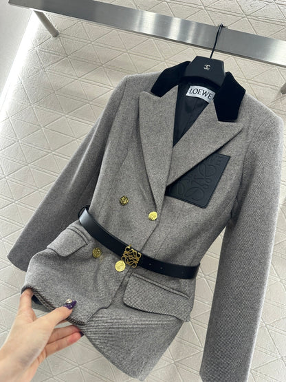 Splicing velvet collar belt suit jacket