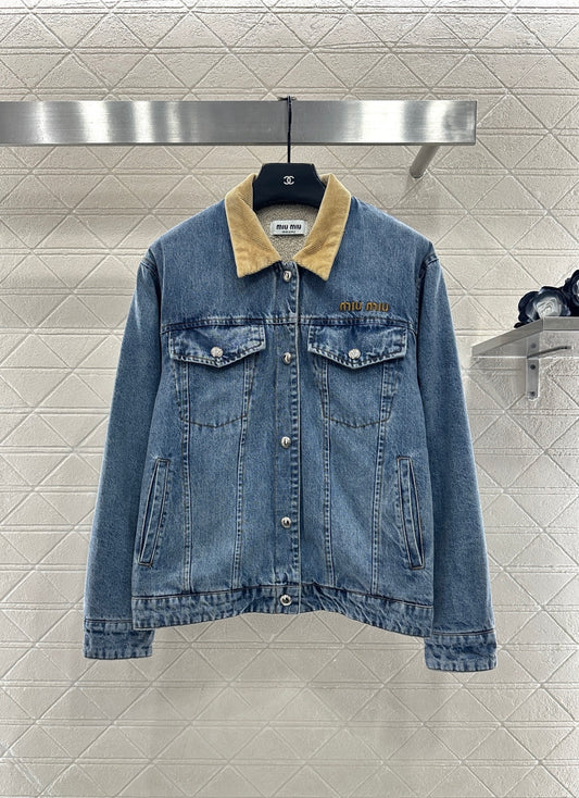 Spliced corduroy collar denim jacket