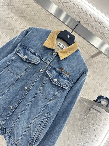 Spliced corduroy collar denim jacket