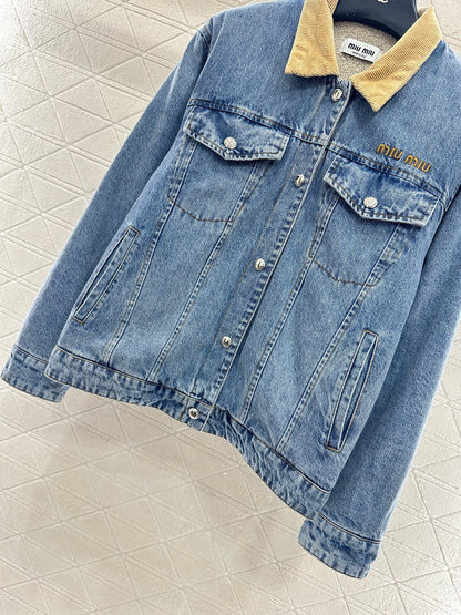 Spliced corduroy collar denim jacket