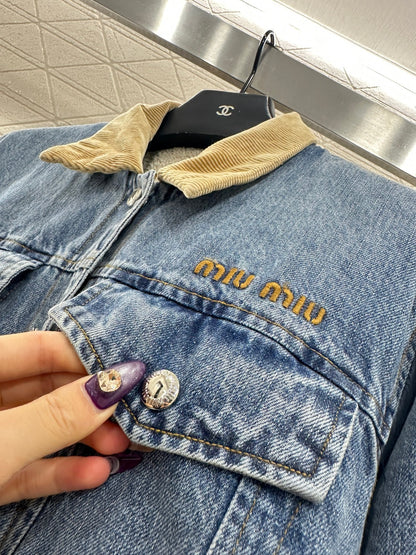 Spliced corduroy collar denim jacket