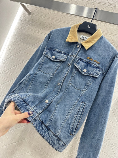 Spliced corduroy collar denim jacket