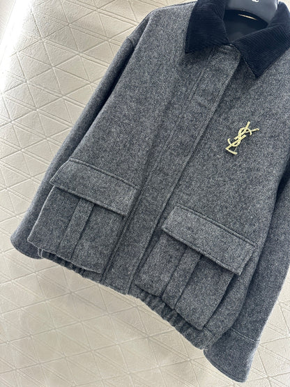 Brooch corduroy collar jacket
