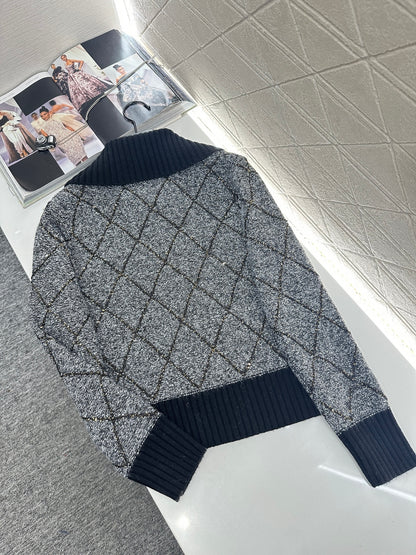 Large collar diamond grid zipper knitted jacket