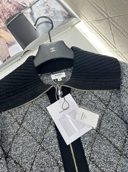 Large collar diamond grid zipper knitted jacket