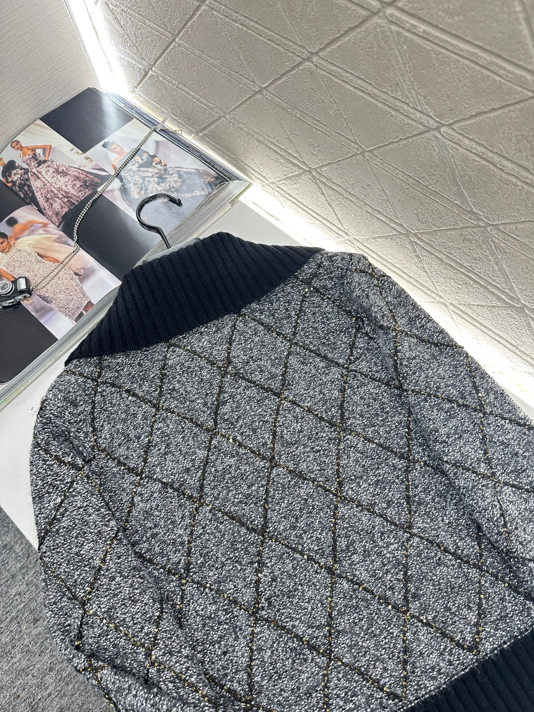 Large collar diamond grid zipper knitted jacket