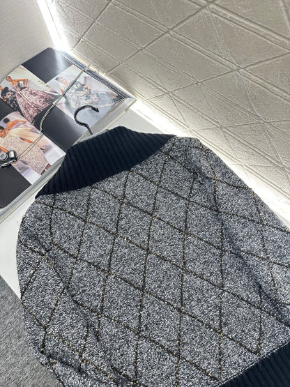 Large collar diamond grid zipper knitted jacket