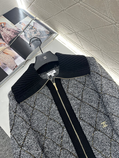 Large collar diamond grid zipper knitted jacket