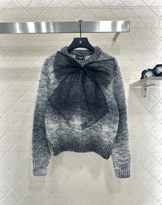 Mesh bow dyed round neck sweater