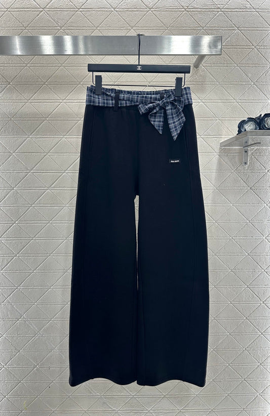 Suede plaid waistband wide leg pants