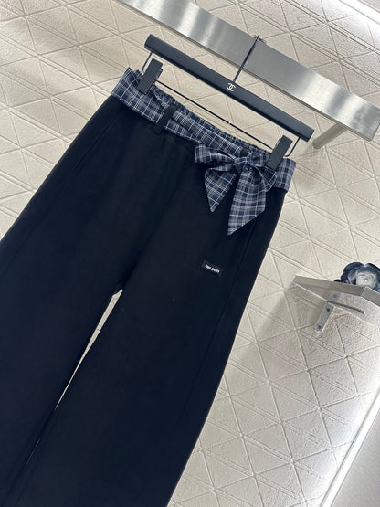 Suede plaid waistband wide leg pants