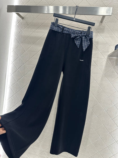 Suede plaid waistband wide leg pants