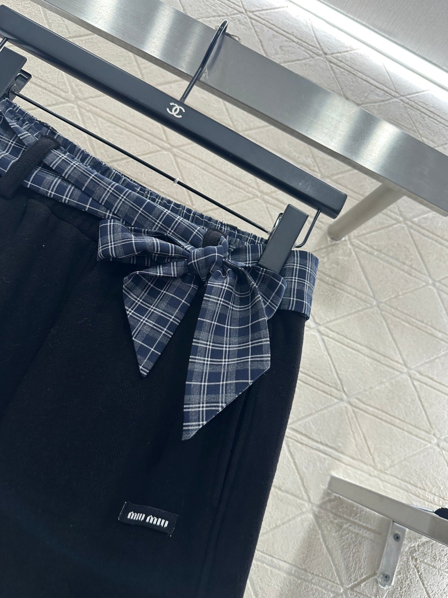 Suede plaid waistband wide leg pants