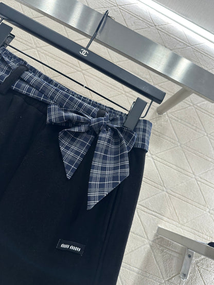 Suede plaid waistband wide leg pants