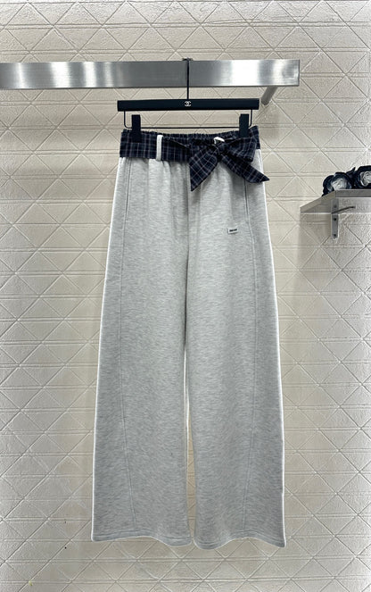 Suede plaid waistband wide leg pants