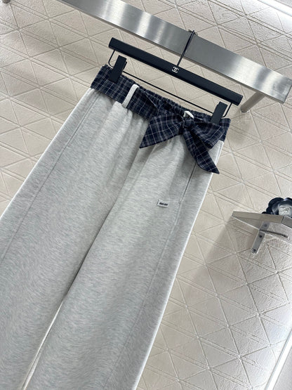 Suede plaid waistband wide leg pants