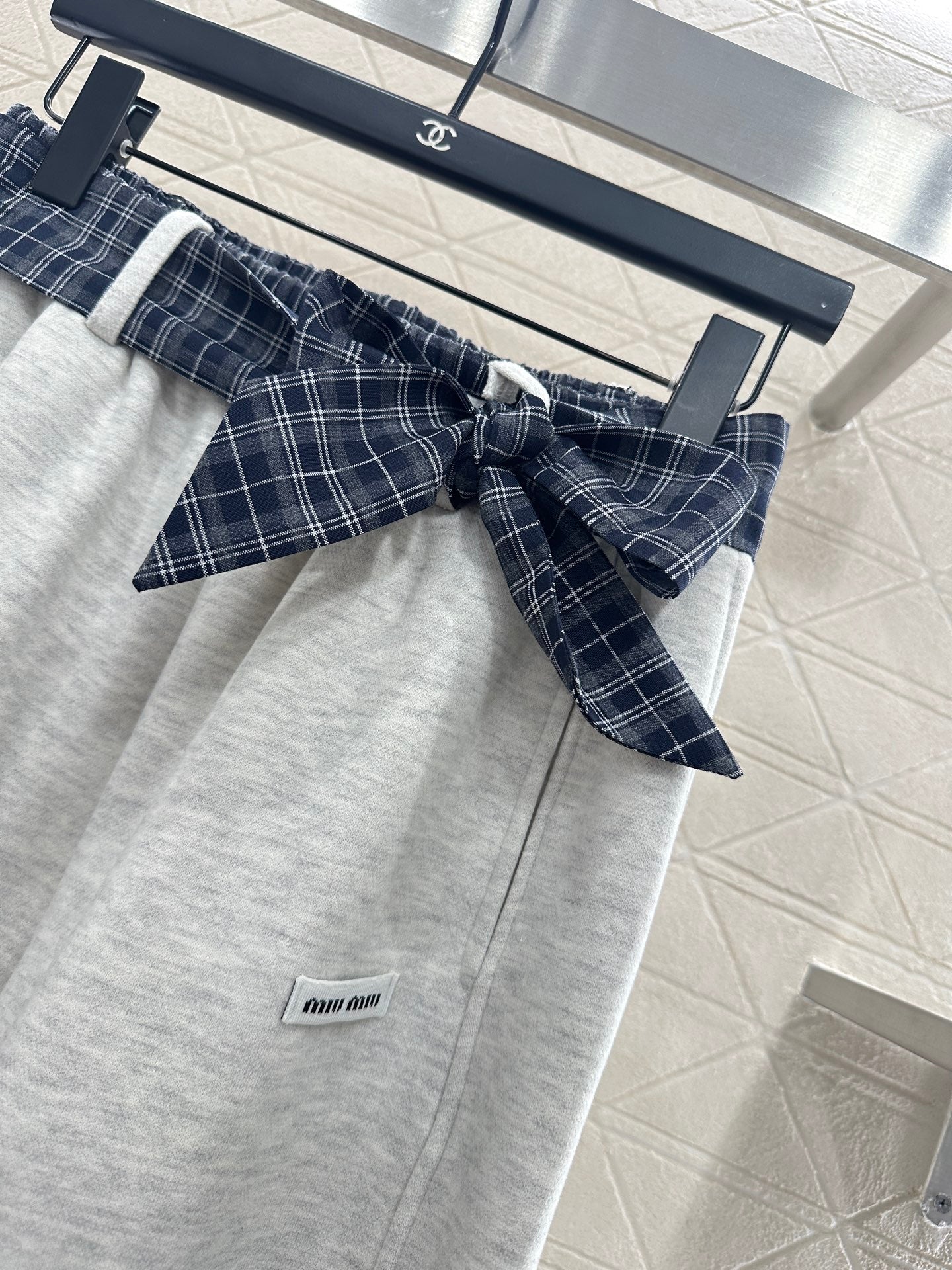 Suede plaid waistband wide leg pants