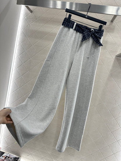 Suede plaid waistband wide leg pants