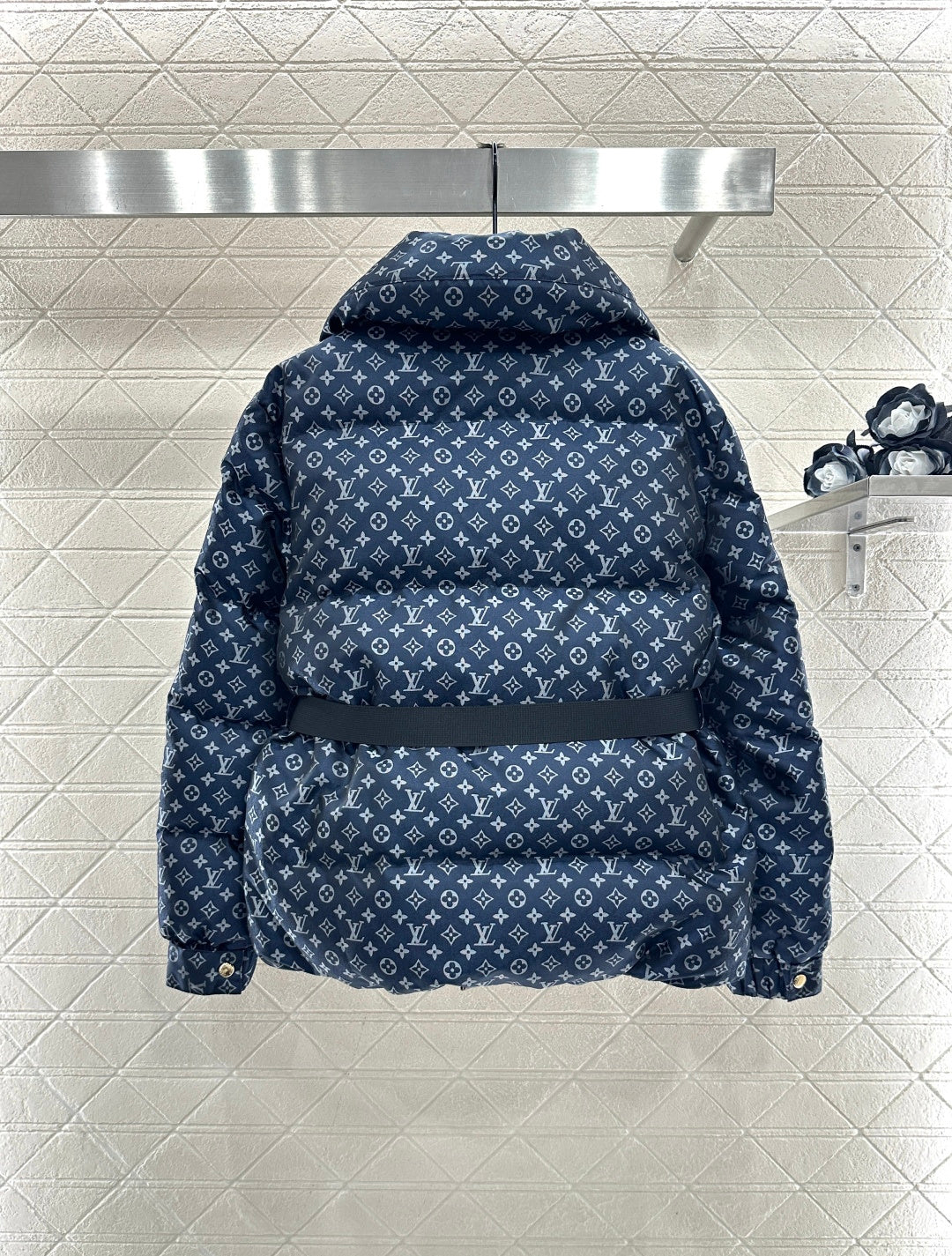 Jacquard Down Jacket with Lapel and Belt