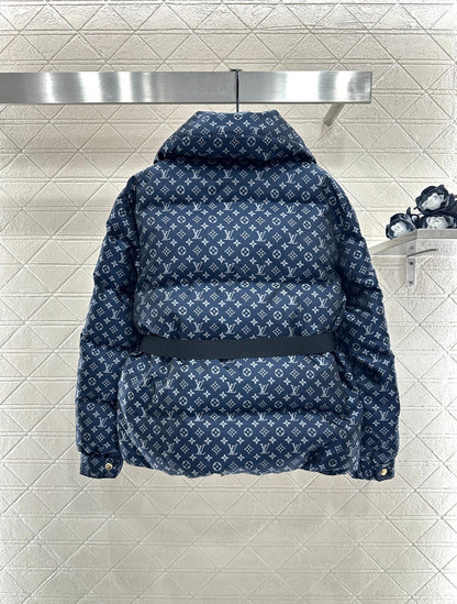 Jacquard Down Jacket with Lapel and Belt