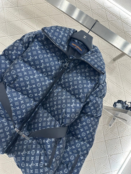 Jacquard Down Jacket with Lapel and Belt