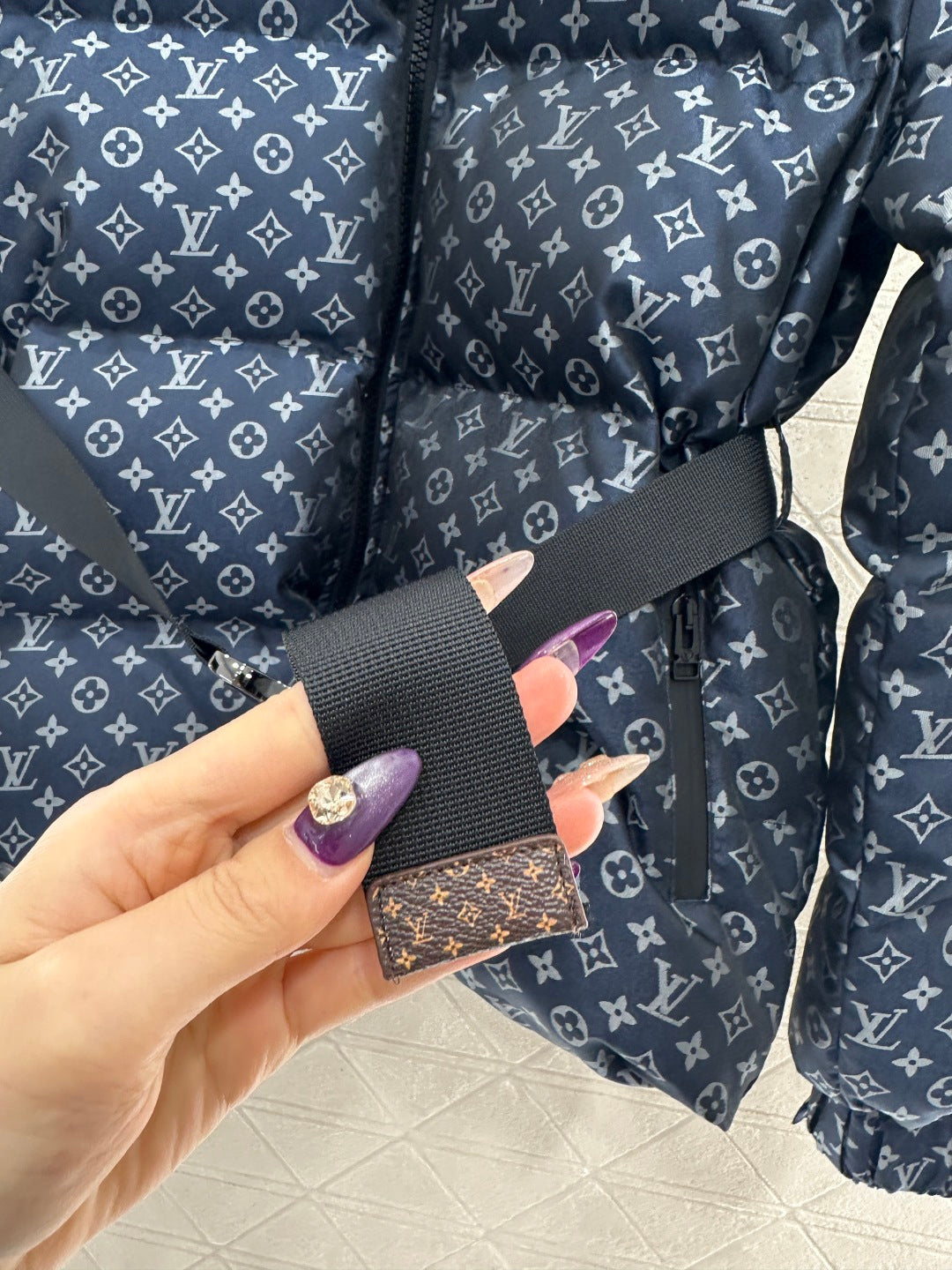 Jacquard Down Jacket with Lapel and Belt