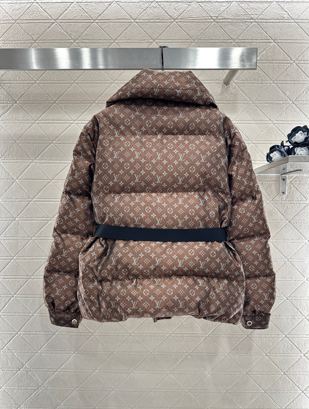 Jacquard Down Jacket with Lapel and Belt