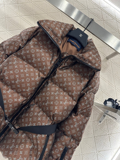 Jacquard Down Jacket with Lapel and Belt