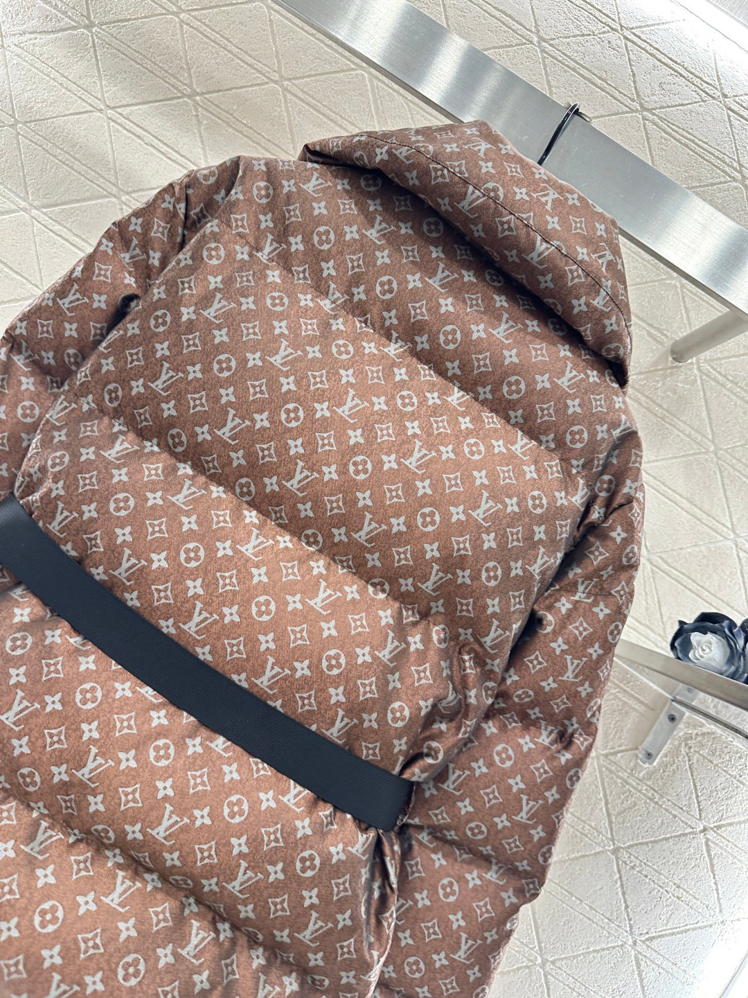 Jacquard Down Jacket with Lapel and Belt