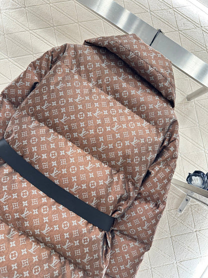 Jacquard Down Jacket with Lapel and Belt