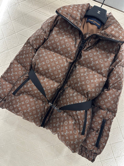 Jacquard Down Jacket with Lapel and Belt