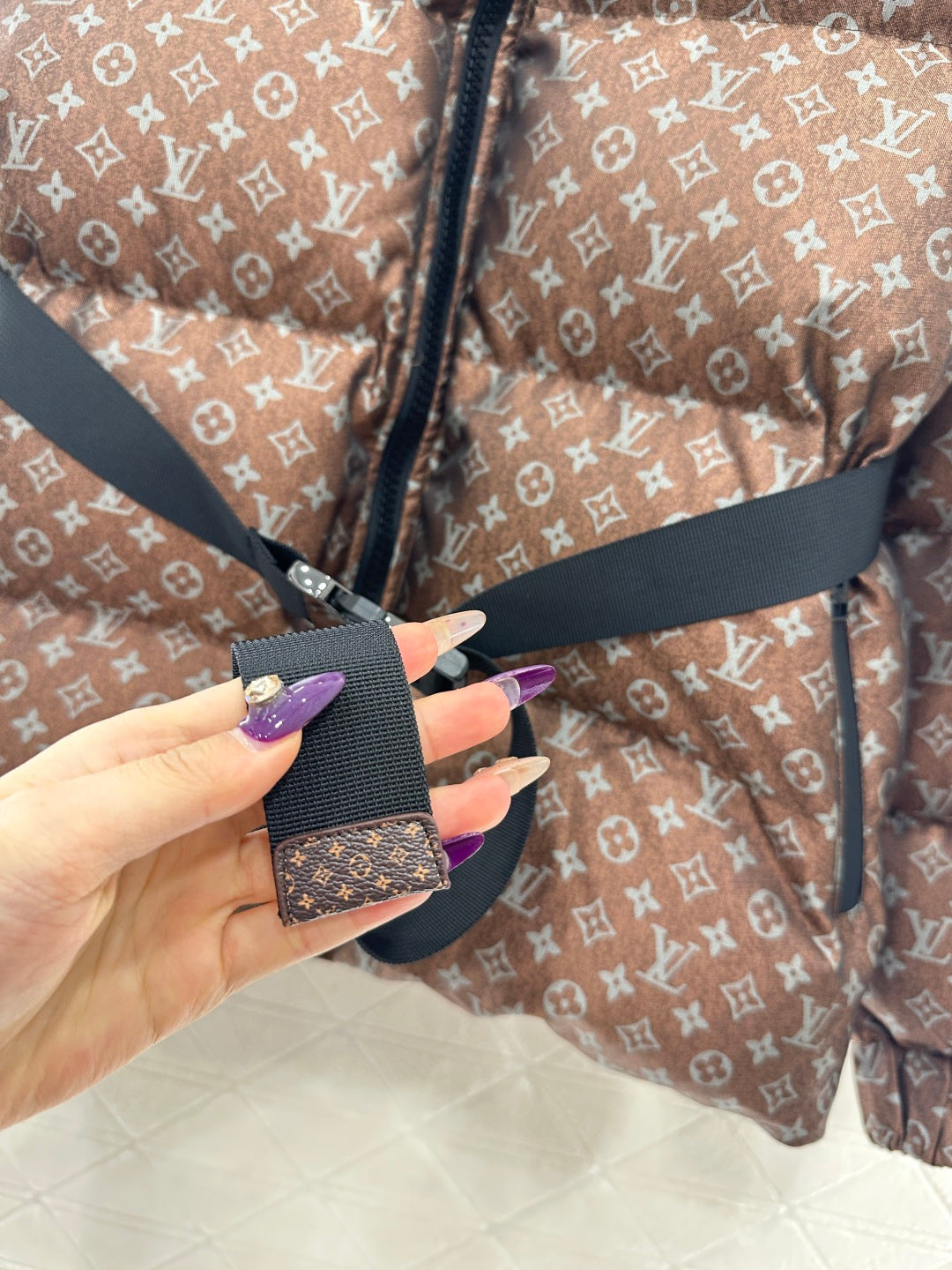 Jacquard Down Jacket with Lapel and Belt