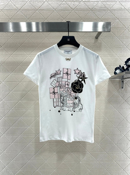 Round Neck Flocked Bow T-Shirt