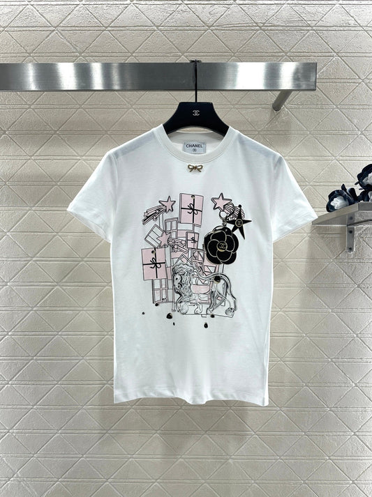 Round Neck Flocked Bow T-Shirt