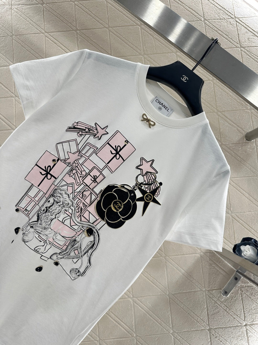 Round Neck Flocked Bow T-Shirt