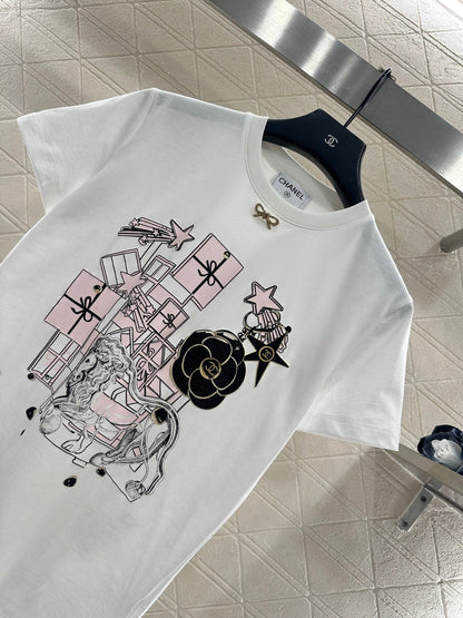 Round Neck Flocked Bow T-Shirt