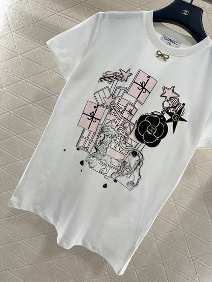 Round Neck Flocked Bow T-Shirt